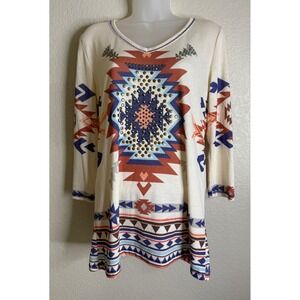 Liberty Wear Womens Small Tunic Top Cream Southwestern Studded 3/4 Sleeve Aztec